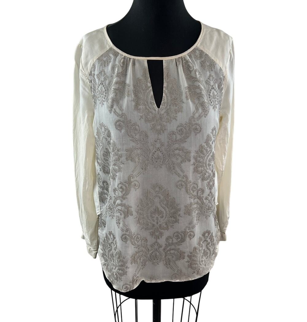 SUNDANCE Embroidered Silk Blouse Keyhole Long Sleeve Cream Top Size M Medium